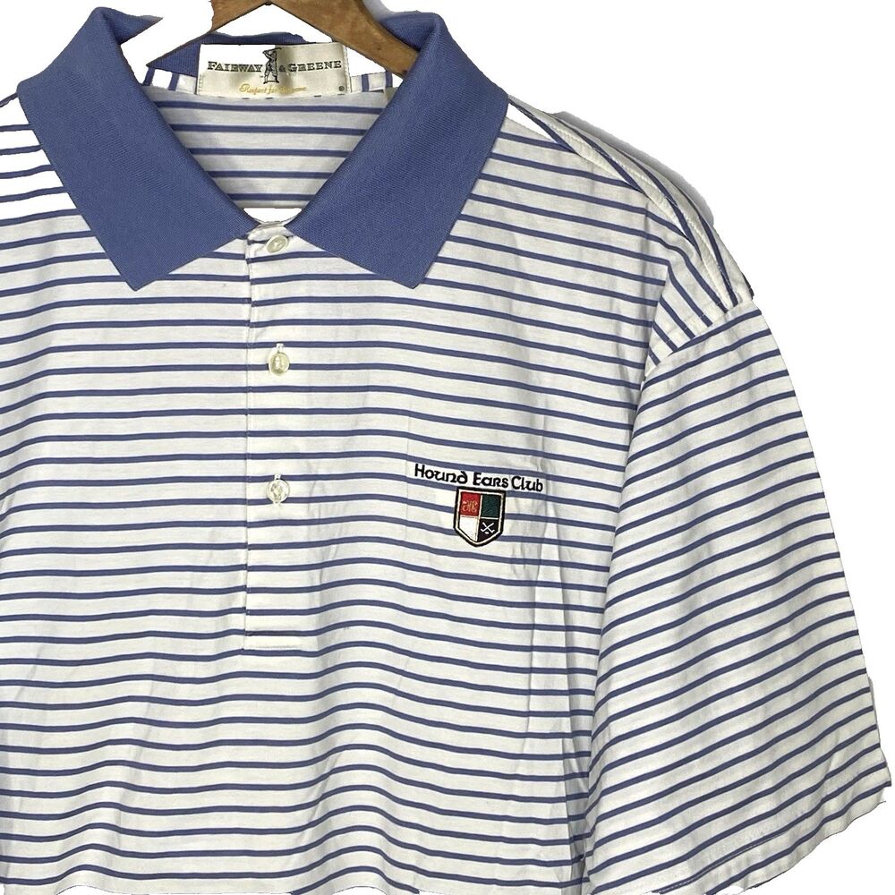 Fairway & Greene Striped Hound Ears Golf Club Polo Shirt Boone NC Mens L Blue